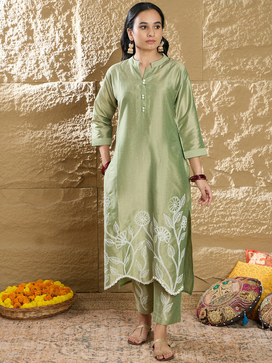 Indo Era Green Embroidered Straight Kurta Trousers set