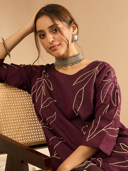 Indo Era Burgundy Embroidered Straight Kurta Trousers Set