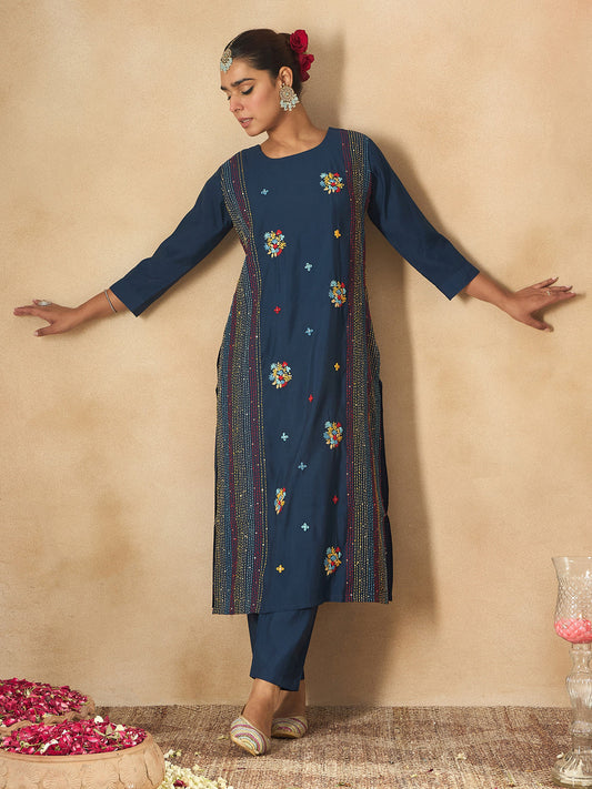 Indo Era Blue Embroidered Straight Kurta Trousers set