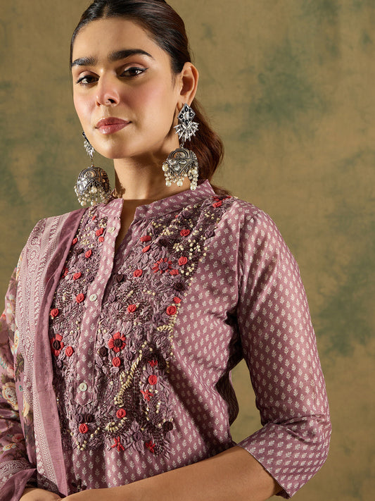 Indo Era Burgundy Printed Straight Kurta Trousers With Dupatta Set