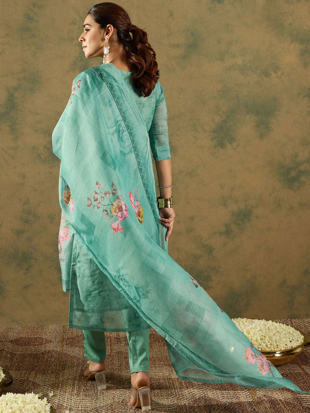 Indo Era Green Printed Straight Kurta Trousers With Dupatta Set