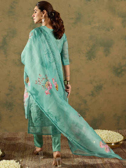 Indo Era Green Printed Straight Kurta Trousers With Dupatta Set