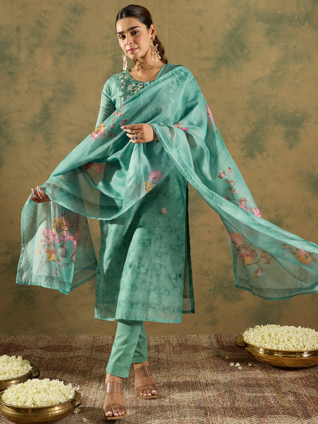 Indo Era Green Printed Straight Kurta Trousers With Dupatta Set