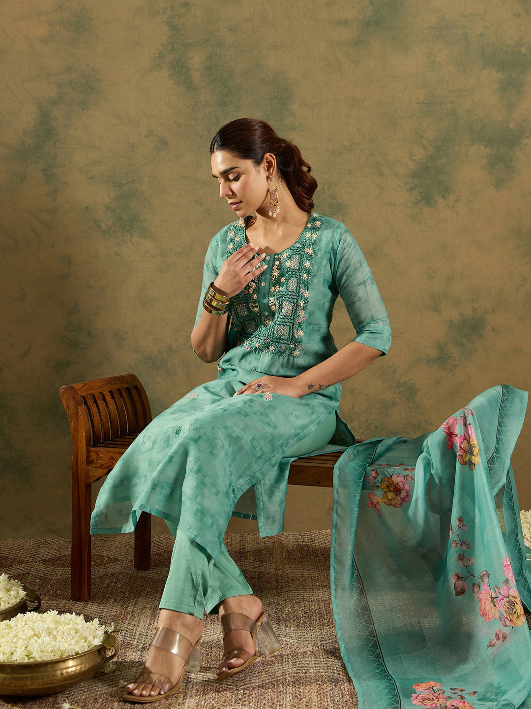 Indo Era Green Printed Straight Kurta Trousers With Dupatta Set
