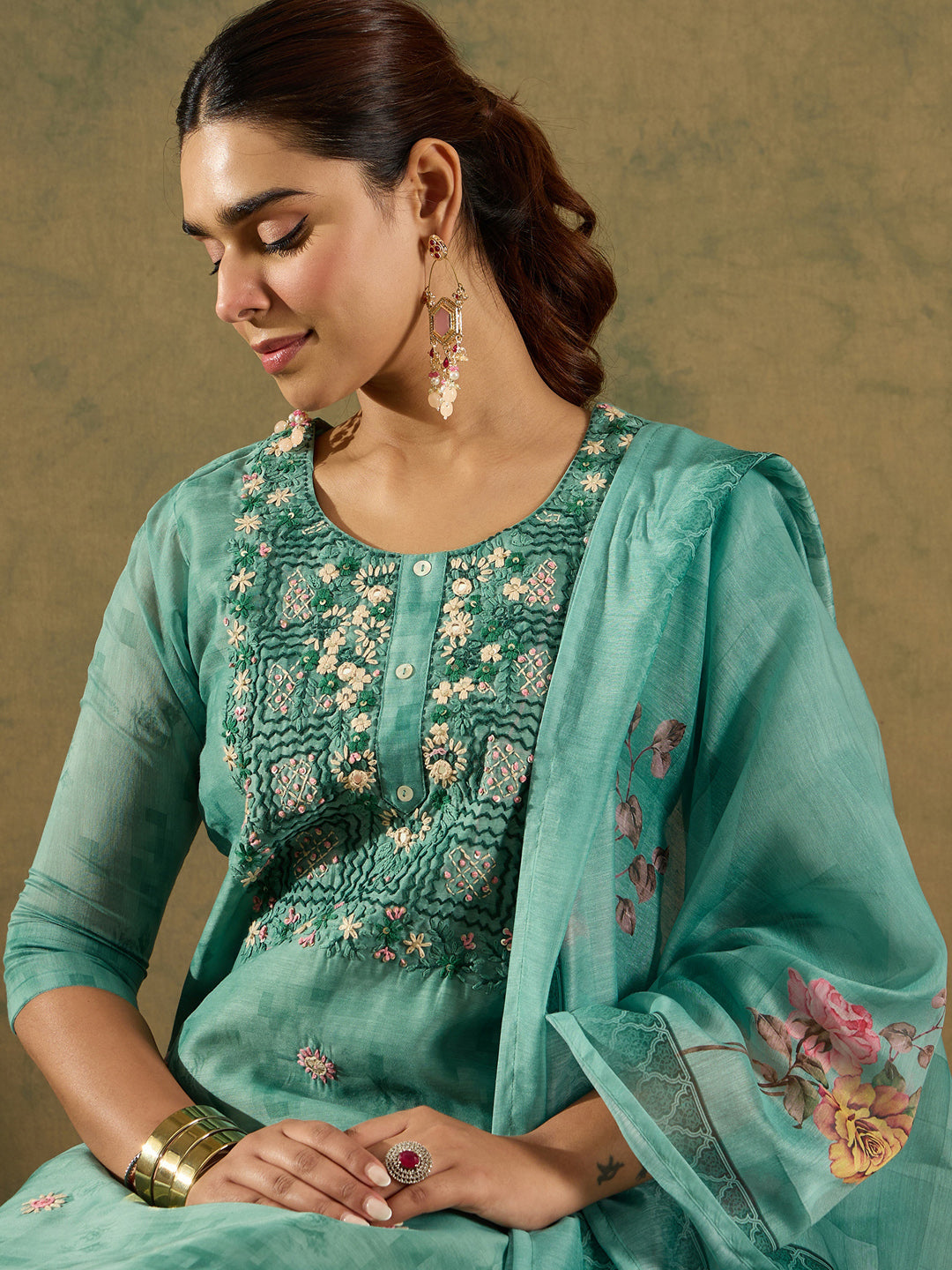 Indo Era Green Printed Straight Kurta Trousers With Dupatta Set
