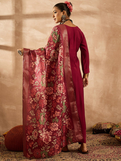 Maroon Embroidered Straight Kurta Trousers With Dupatta Set