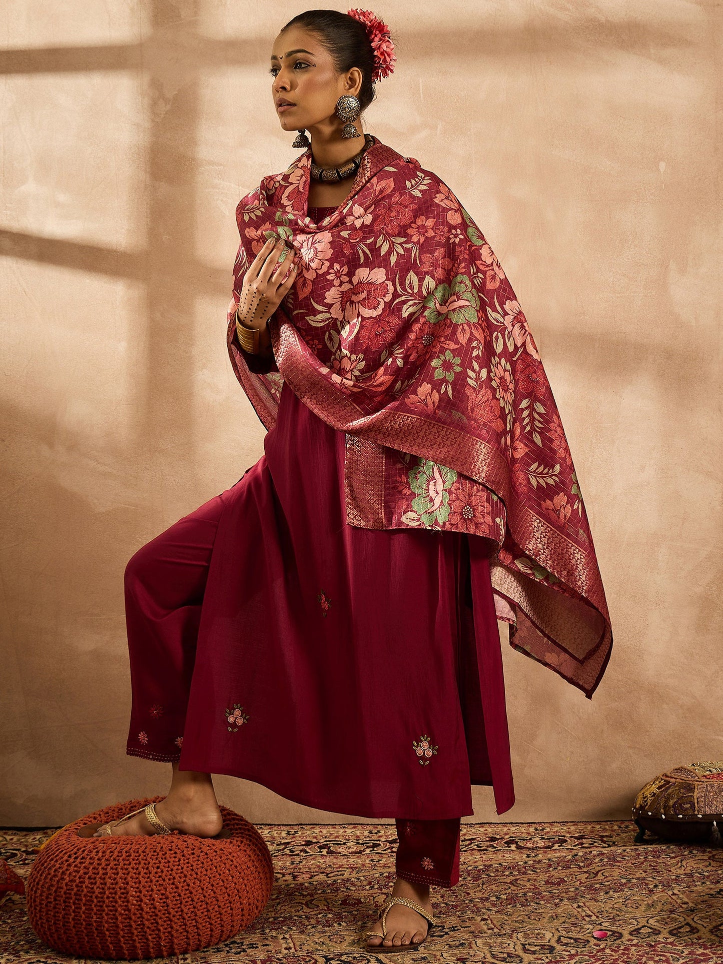 Maroon Embroidered Straight Kurta Trousers With Dupatta Set