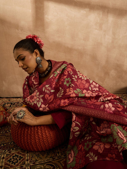 Maroon Embroidered Straight Kurta Trousers With Dupatta Set