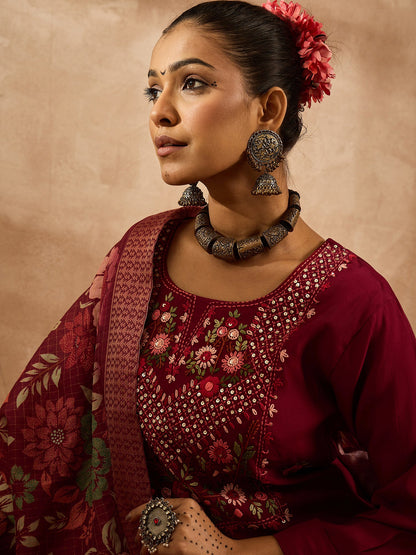 Maroon Embroidered Straight Kurta Trousers With Dupatta Set