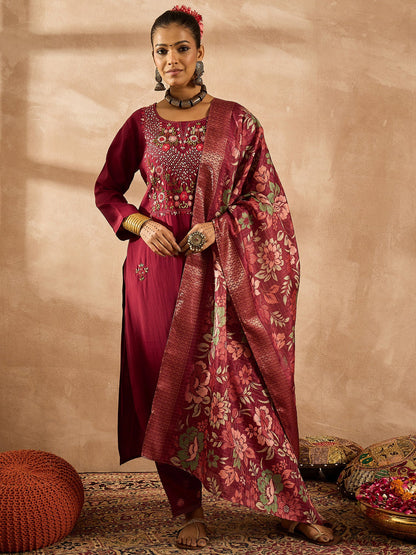 Maroon Embroidered Straight Kurta Trousers With Dupatta Set