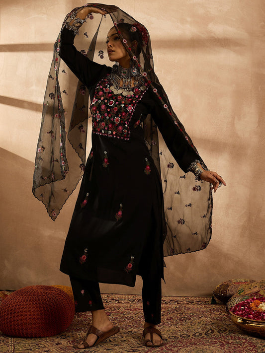 Black Embroidered Straight Kurta Trousers With Dupatta Set
