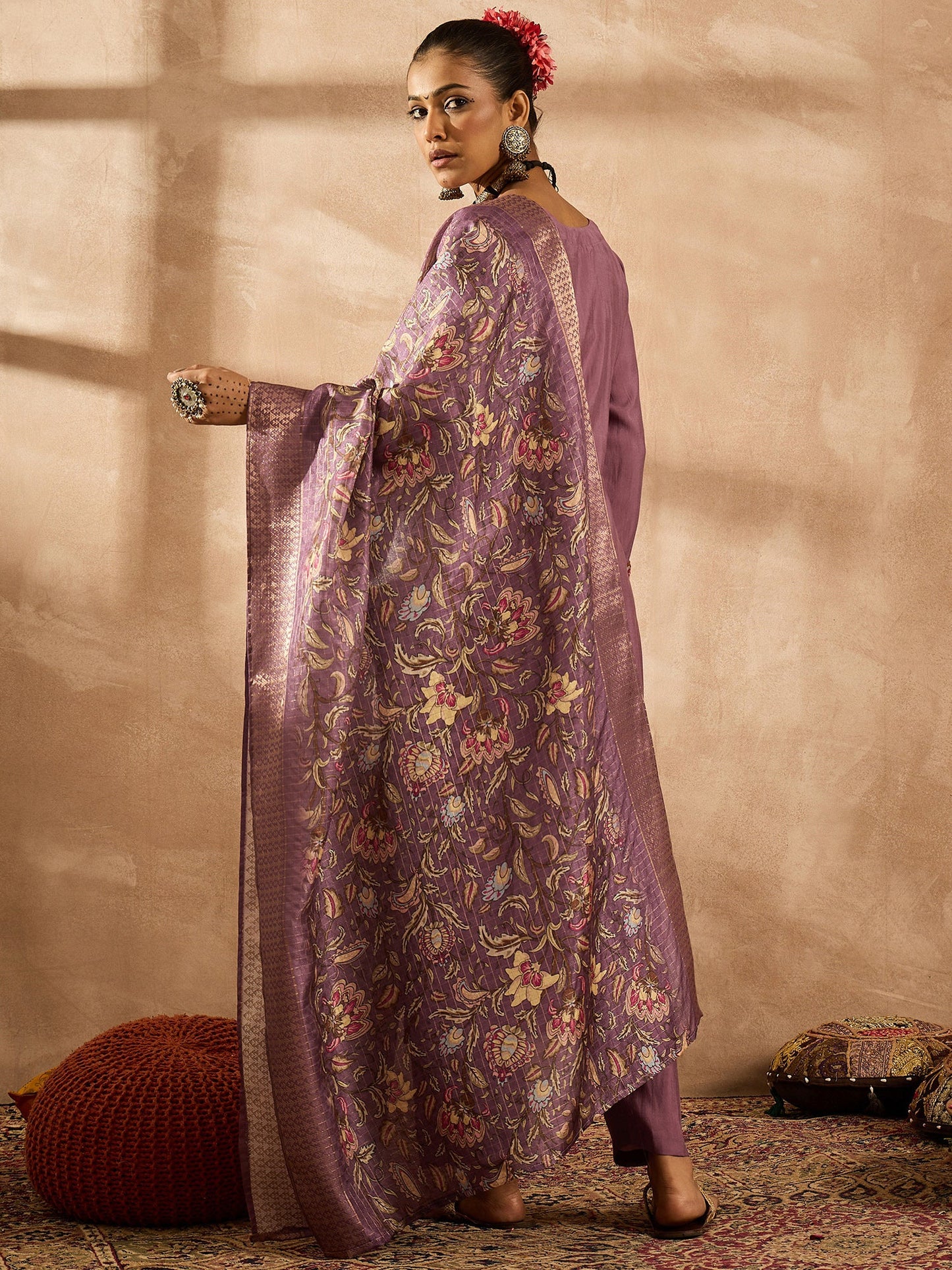 Mauve Embroidered Straight Kurta Trousers With Dupatta Set