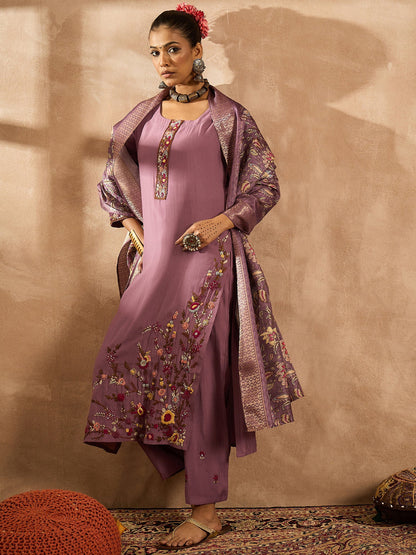 Mauve Embroidered Straight Kurta Trousers With Dupatta Set