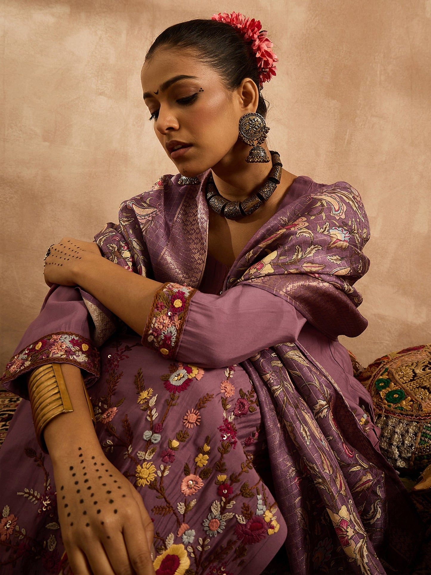 Mauve Embroidered Straight Kurta Trousers With Dupatta Set