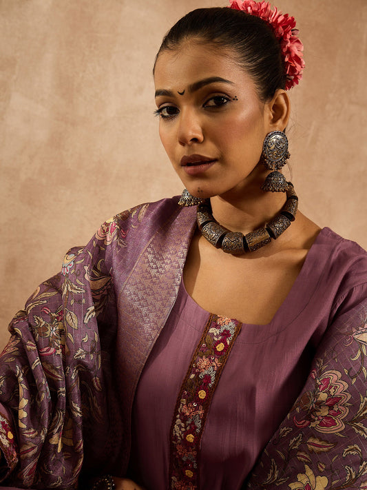 Mauve Embroidered Straight Kurta Trousers With Dupatta Set