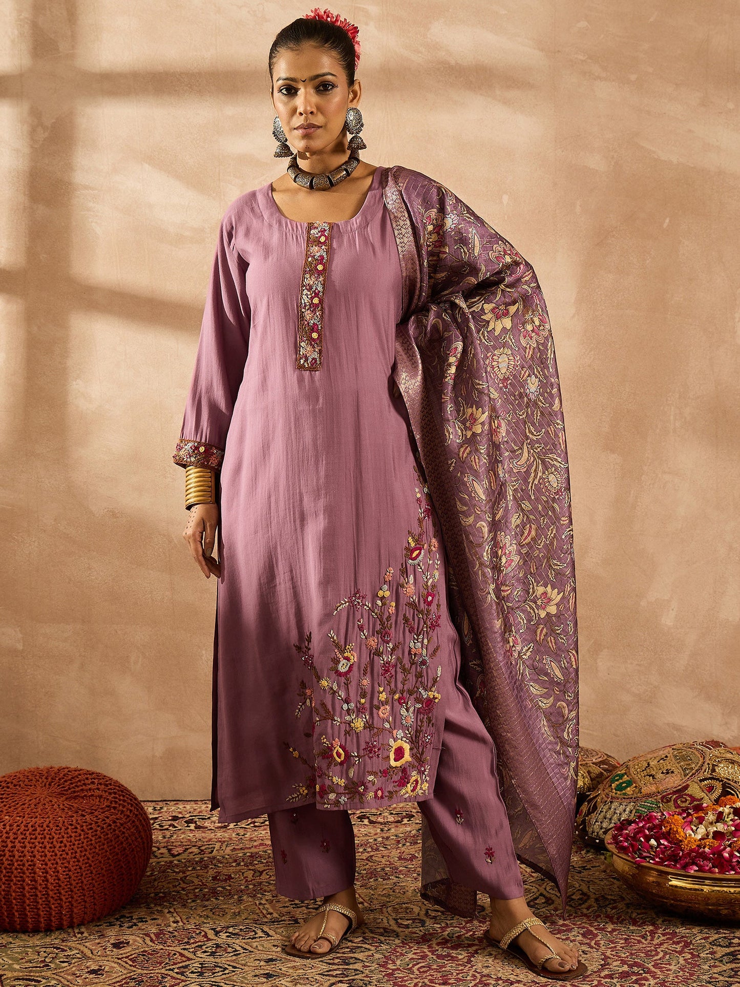Mauve Embroidered Straight Kurta Trousers With Dupatta Set