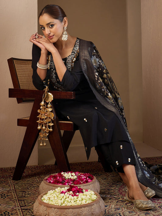 Black Embroidered Straight Kurta Trousers With Dupatta Set