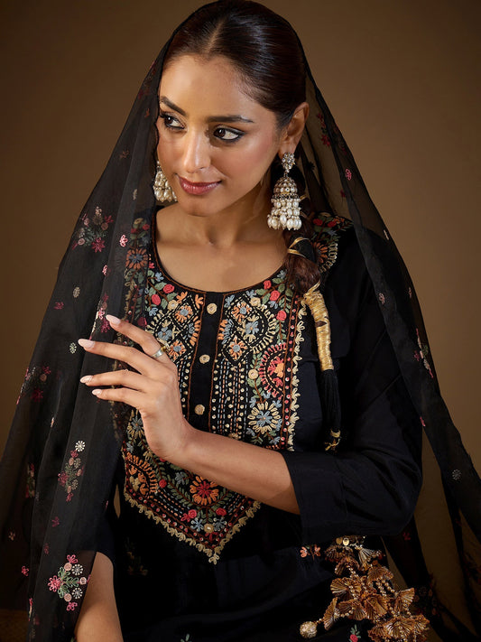 Black Embroidered Straight Kurta Trousers With Dupatta Set