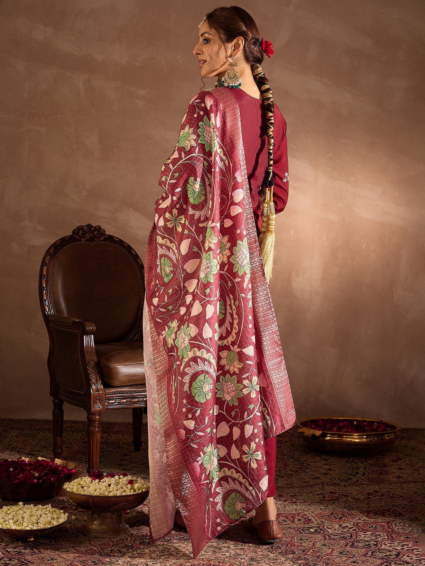 Maroon Embroidered Straight Kurta Trousers With Dupatta Set