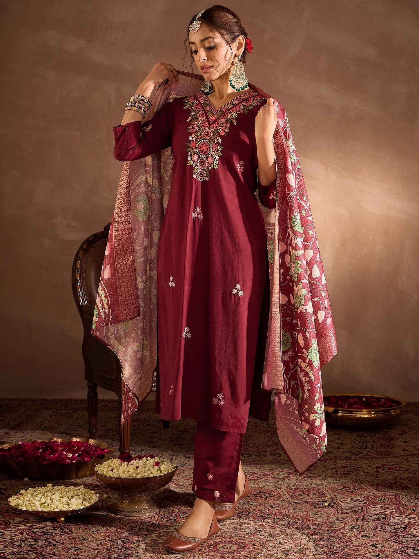 Maroon Embroidered Straight Kurta Trousers With Dupatta Set