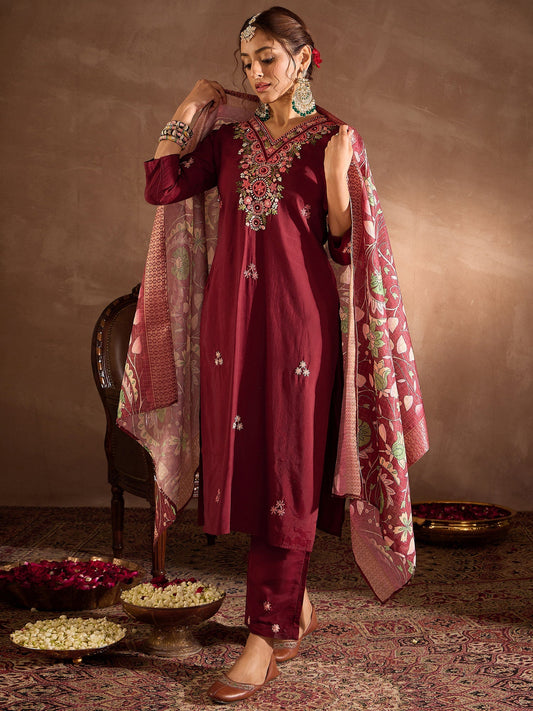 Maroon Embroidered Straight Kurta Trousers With Dupatta Set