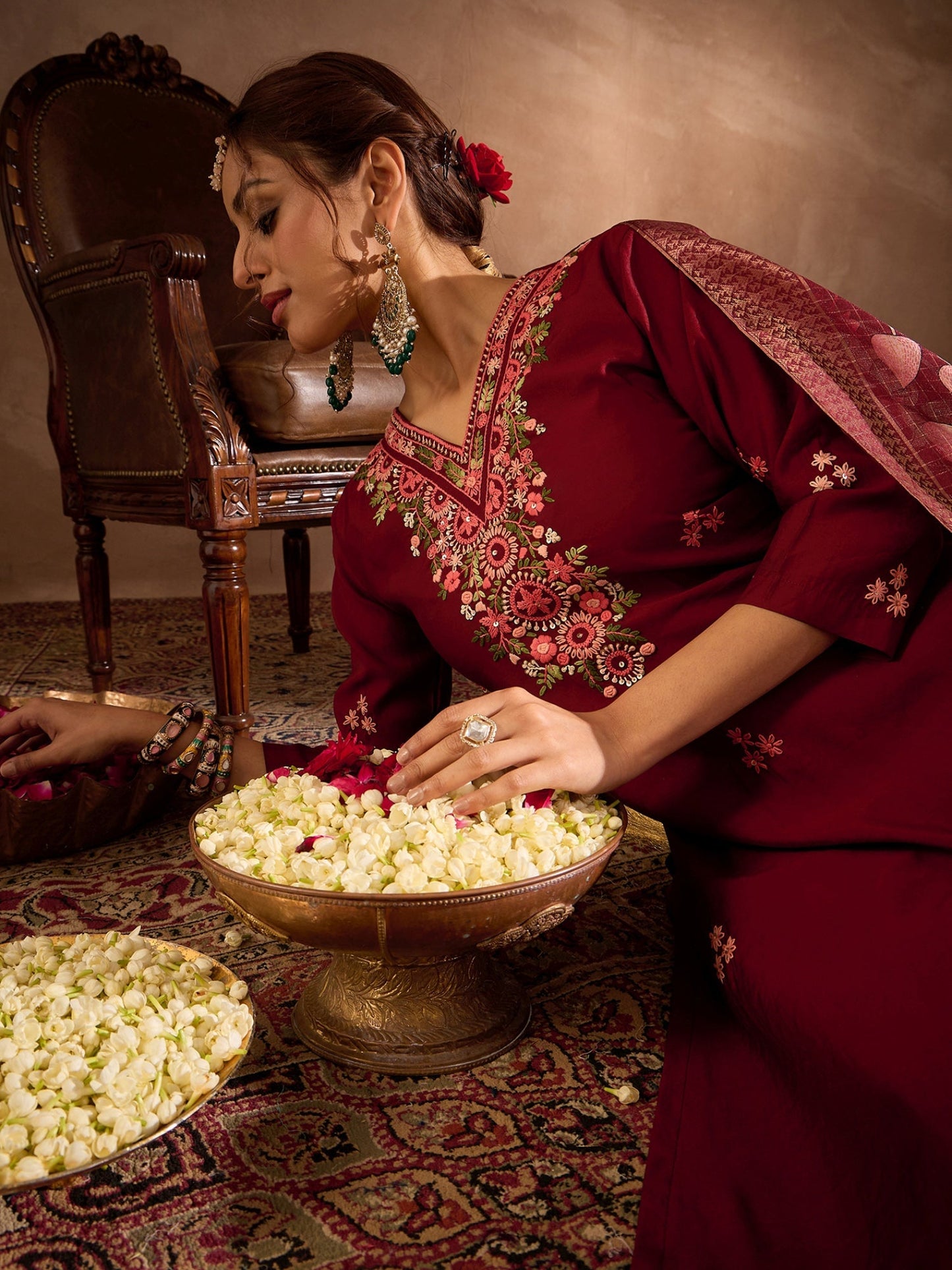 Maroon Embroidered Straight Kurta Trousers With Dupatta Set