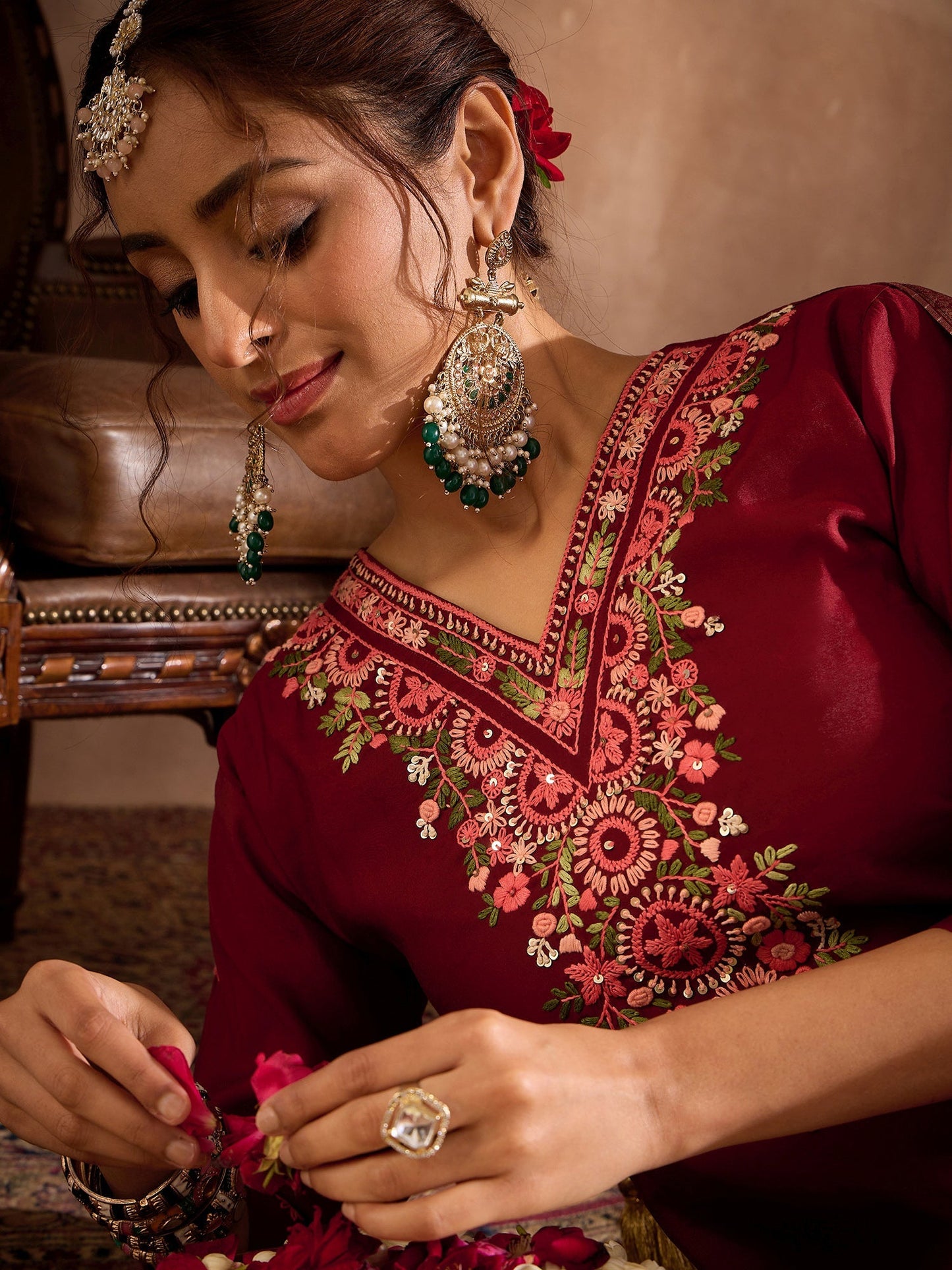 Maroon Embroidered Straight Kurta Trousers With Dupatta Set