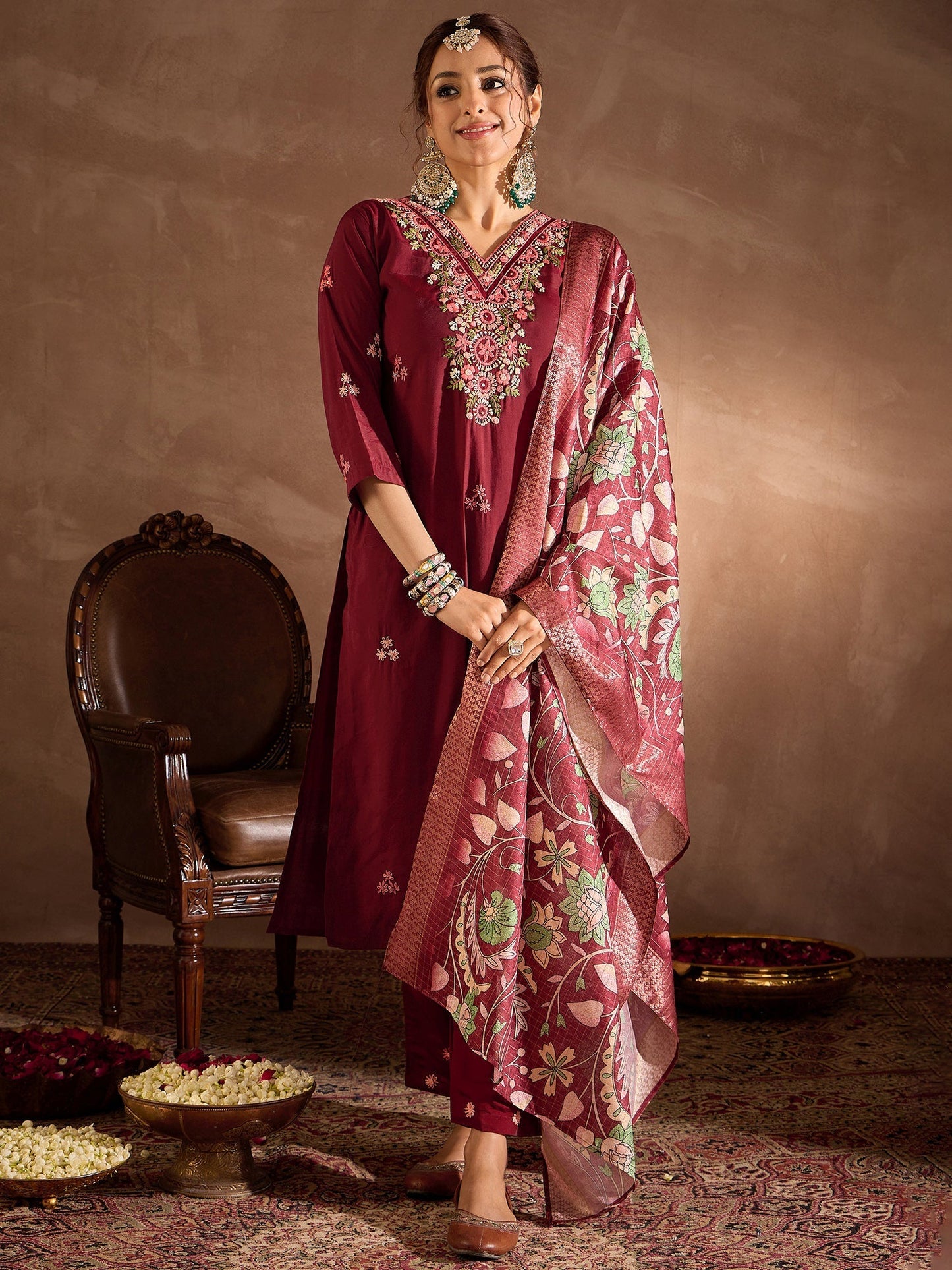 Maroon Embroidered Straight Kurta Trousers With Dupatta Set