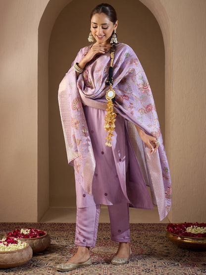 Lavender Embroidered Straight Kurta Trousers With Dupatta Set