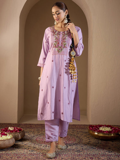 Lavender Embroidered Straight Kurta Trousers With Dupatta Set