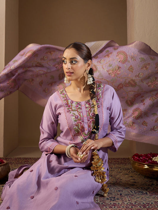 Lavender Embroidered Straight Kurta Trousers With Dupatta Set