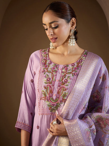 Lavender Embroidered Straight Kurta Trousers With Dupatta Set