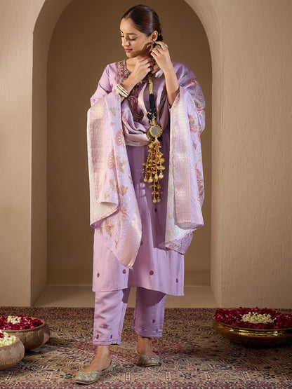 Lavender Embroidered Straight Kurta Trousers With Dupatta Set