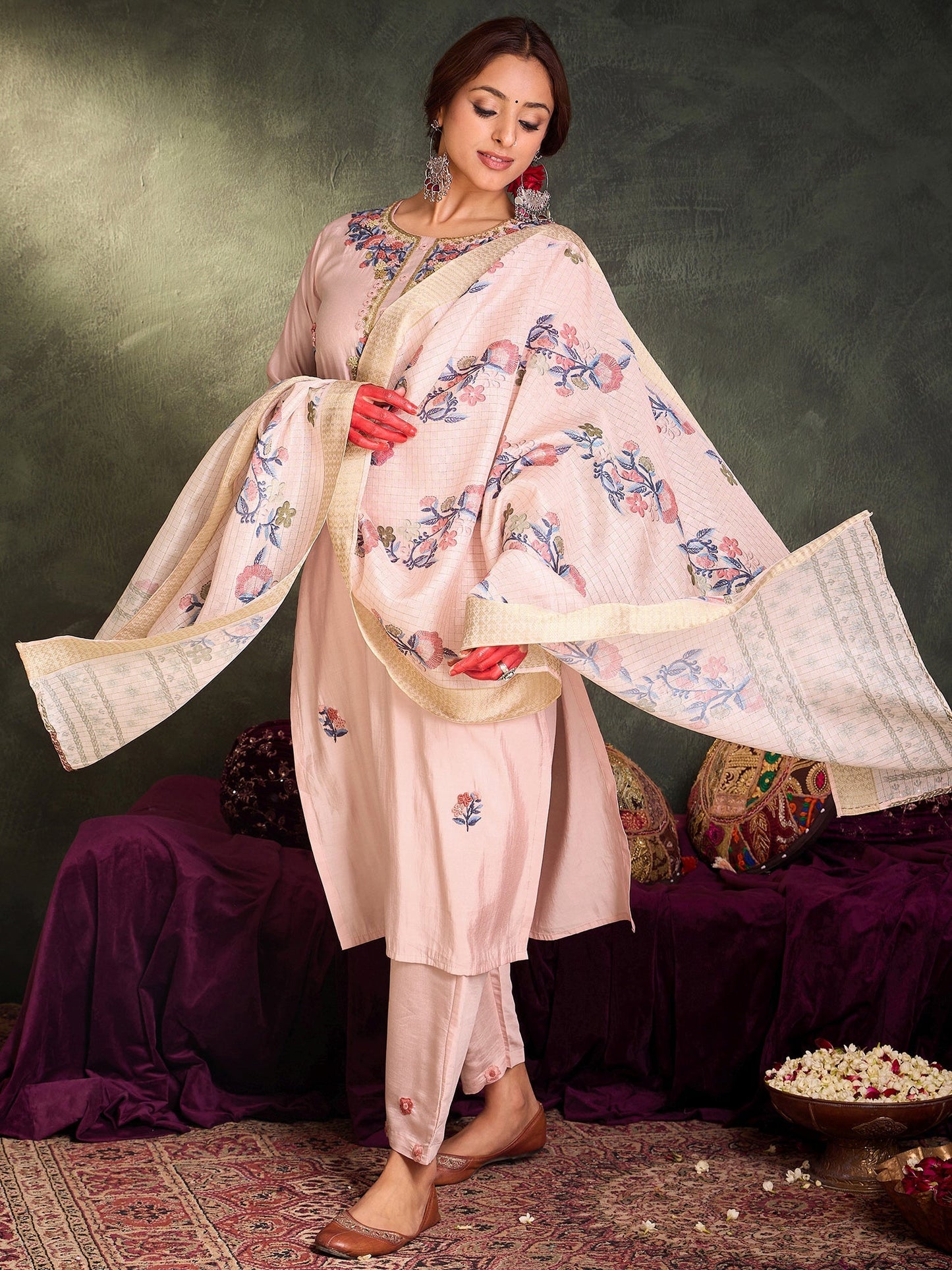 Mauve Embroidered Straight Kurta Trousers With Dupatta Set