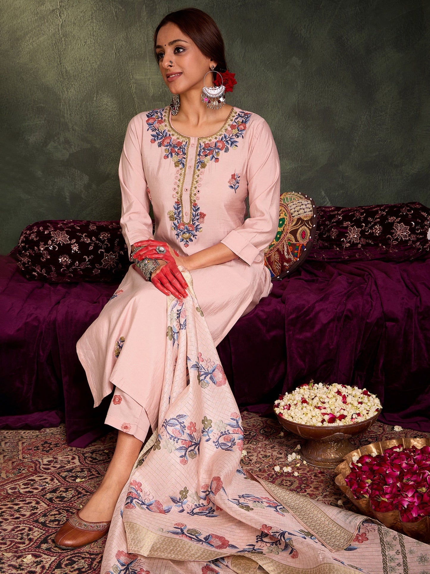 Mauve Embroidered Straight Kurta Trousers With Dupatta Set