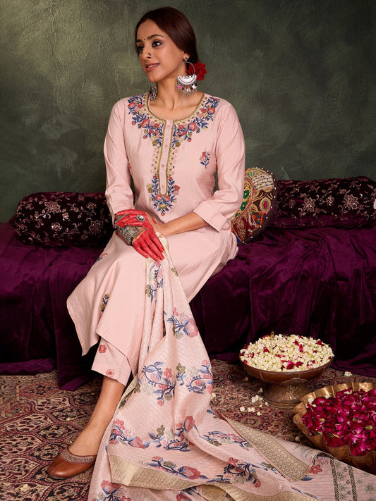 Mauve Embroidered Straight Kurta Trousers With Dupatta Set