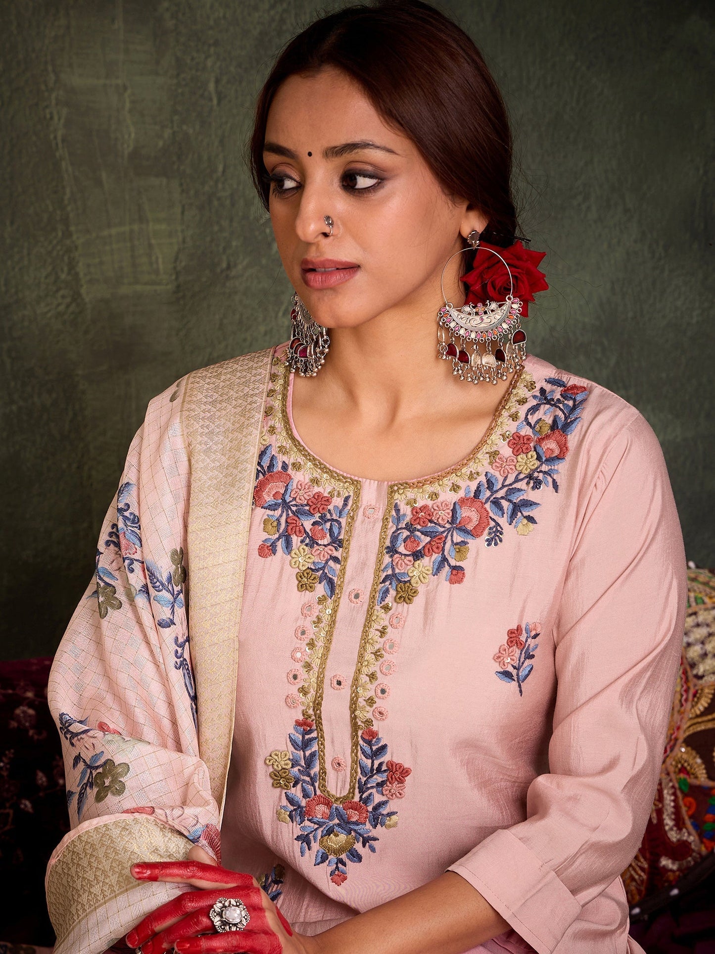 Mauve Embroidered Straight Kurta Trousers With Dupatta Set