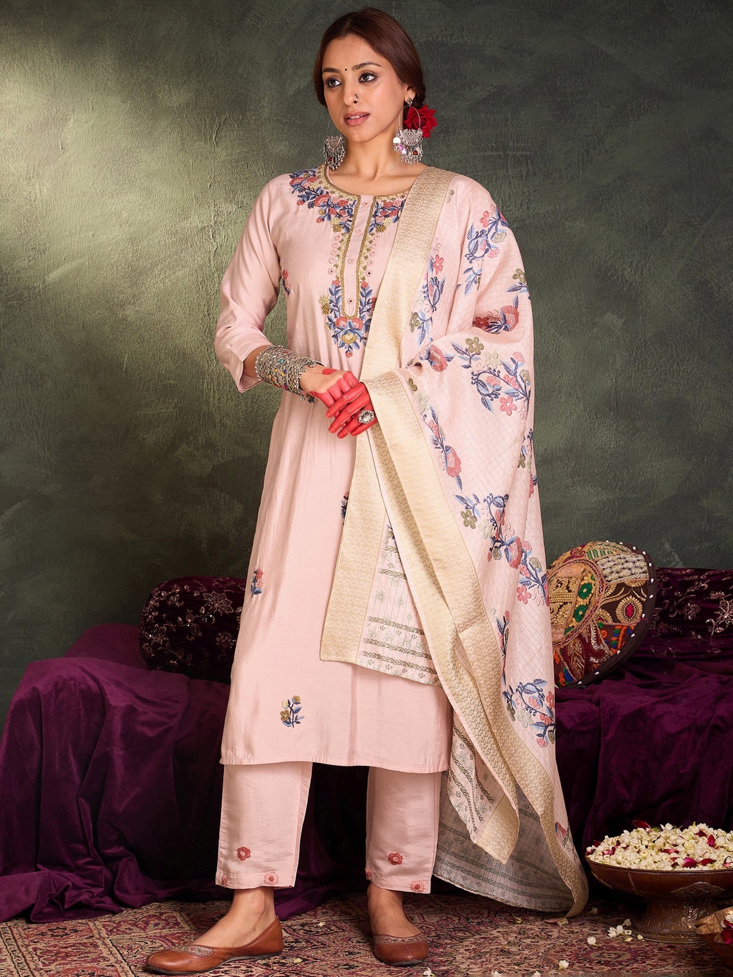 Mauve Embroidered Straight Kurta Trousers With Dupatta Set
