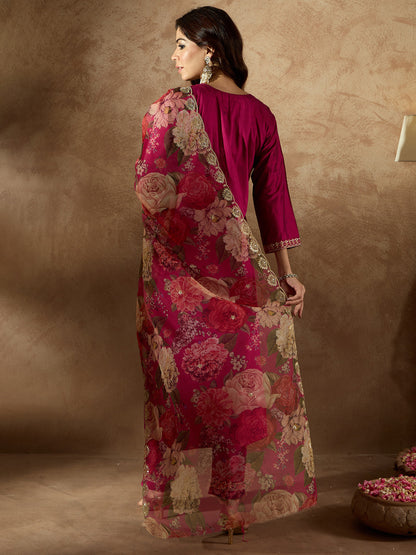 Indo Era Burgundy Embroidered Straight Kurta Trousers With Dupatta Set