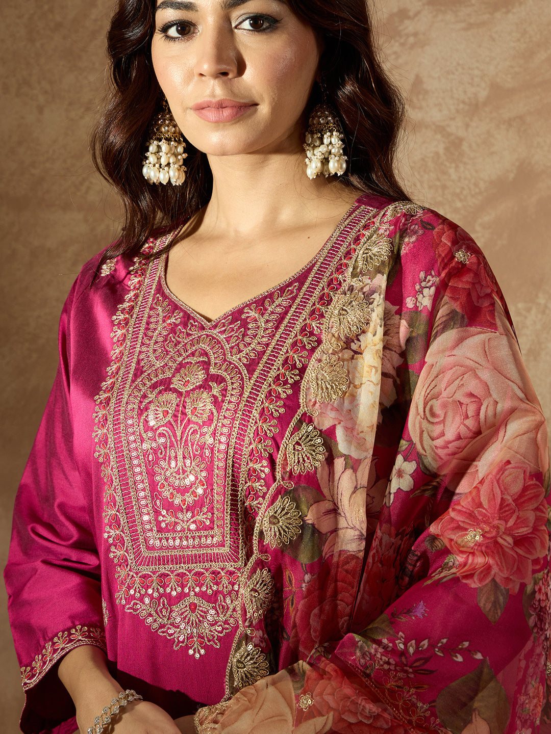 Indo Era Burgundy Embroidered Straight Kurta Trousers With Dupatta Set