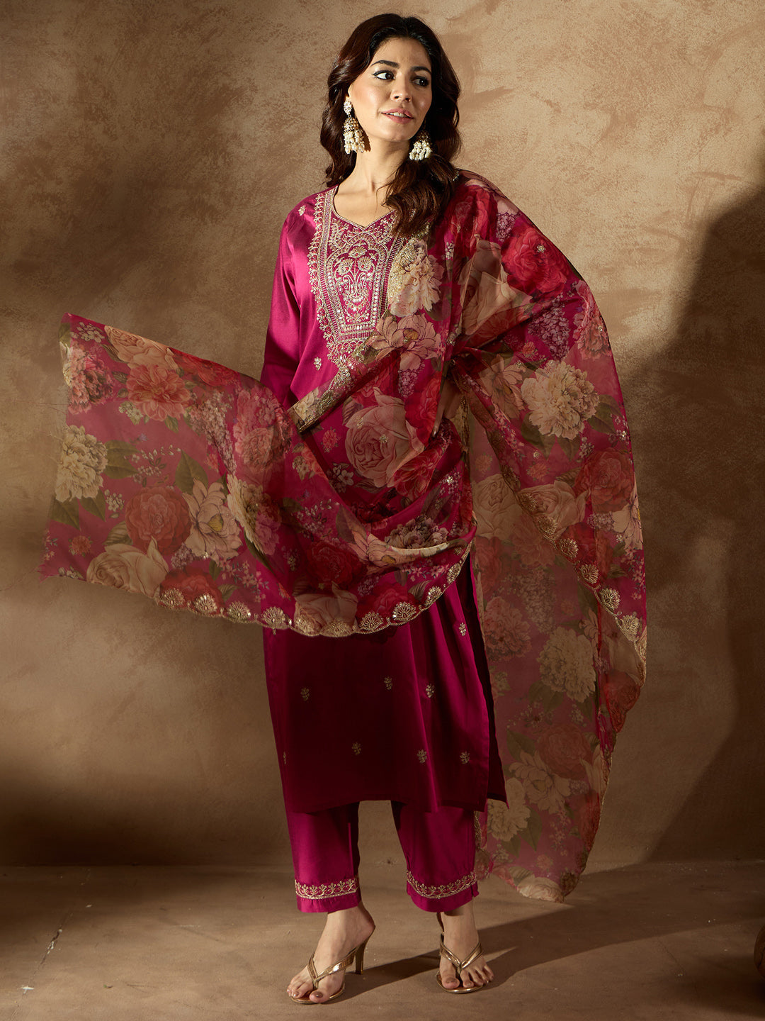 Indo Era Burgundy Embroidered Straight Kurta Trousers With Dupatta Set