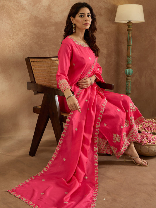 Magenta Embroidered Straight Kurta Trousers With Dupatta Set