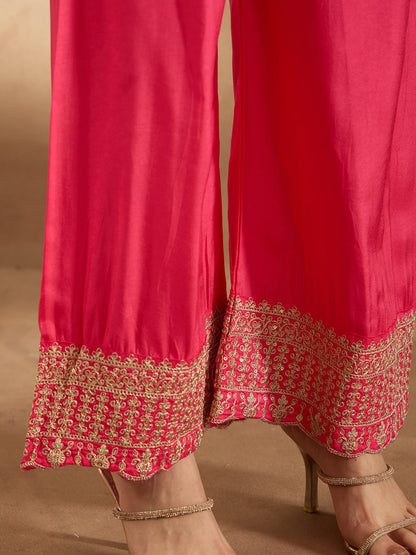 Magenta Embroidered Straight Kurta Trousers With Dupatta Set