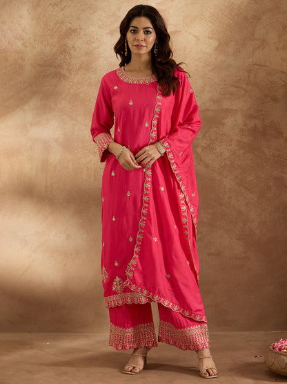 Magenta Embroidered Straight Kurta Trousers With Dupatta Set