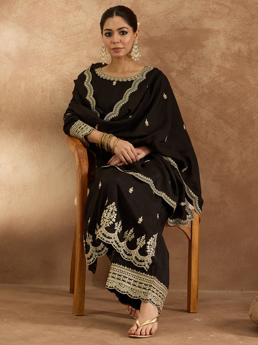 Black Embroidered Straight Kurta Trousers With Dupatta Set