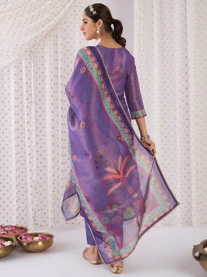 Lavender Printed Straight Kurta Trousers With Dupatta Set