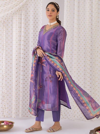 Lavender Printed Straight Kurta Trousers With Dupatta Set