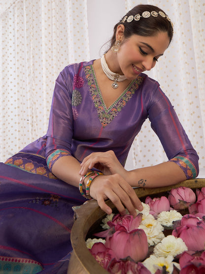 Lavender Printed Straight Kurta Trousers With Dupatta Set