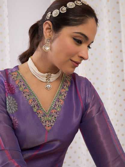 Lavender Printed Straight Kurta Trousers With Dupatta Set