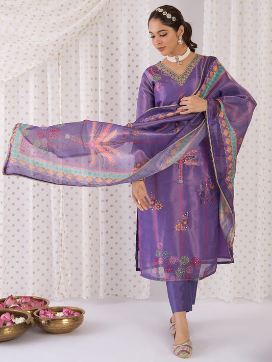 Lavender Printed Straight Kurta Trousers With Dupatta Set